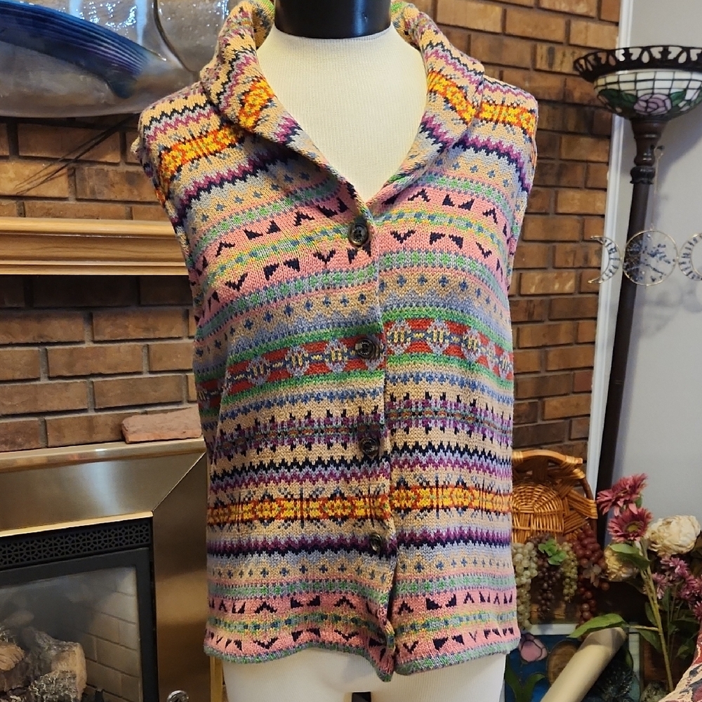 Chaps Multicolor Knit Vest Size Large 62% Cotton Southwest Cowgirl Grandma Core